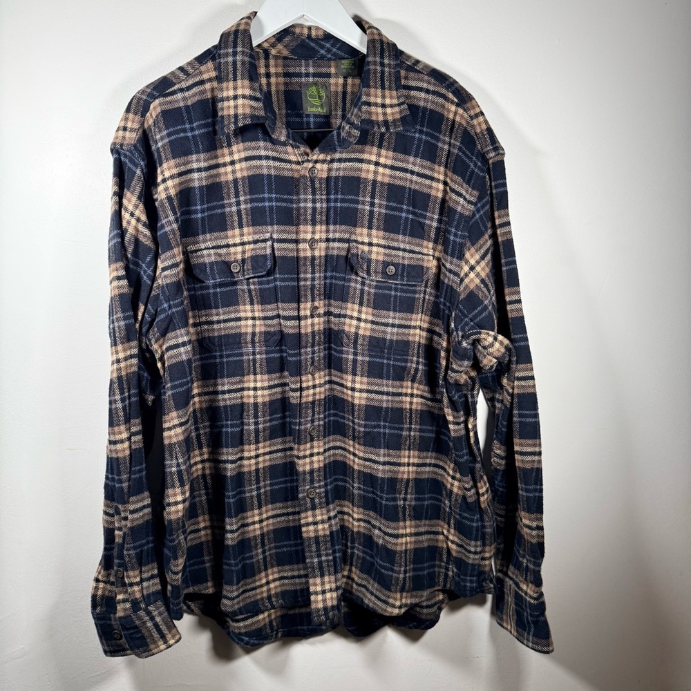 Timberland XL Men’s Plaid Flannel Shirt Navy Tan Cotton Long Sleeve Workwear